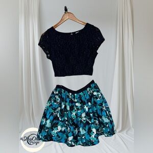 Speechless Size 9 Navy Lace Crop Top Blue Floral Skirt 2-Piece Set skirt prom